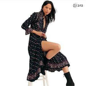 Free people women’s large calico skies floral flowy button up midi dress